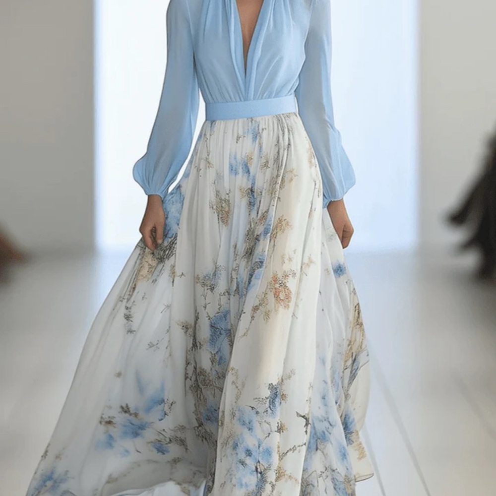 Elegant Blue and White Floral Maxi Dress